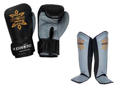 Kanong Real Leather Boxing Gloves and Shin Protectors : Black/Grey